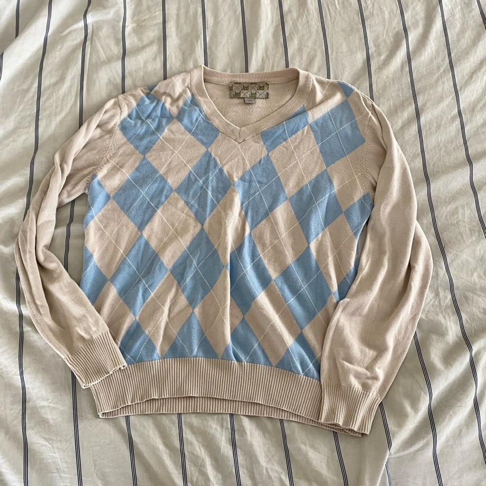 Argyle sweater blue and cream v neck